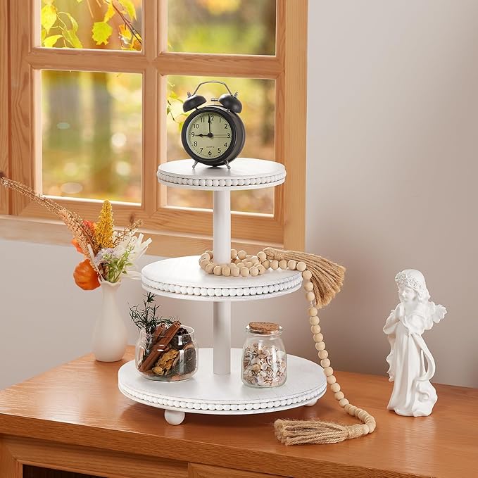3 Tier Cupcake Stand Round,Wood Cupcake Stand with Beads,Tiered Cake Stand for 24 Cupcakes,Dessert Display Stand,Cupcake Tower for Party, Wedding, Birthday, Home Decor