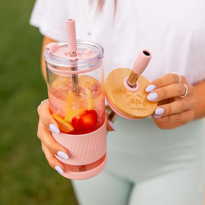 Pandaloo® Glass Cups With Lids and Straws -20 Fl Oz- Perfect Size Iced Coffee Cup - Smoothie Cup With Bamboo Lid and On the go Lid - Glass Tumbler (2 Count (Pack of 1), Black Saphir-Tender Pink)