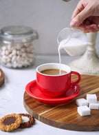 Sweese 4 Ounce Porcelain Stackable Espresso Cups with Saucers and Metal Stand Set of 4, Red