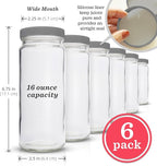 All About Juicing Clear Glass Water Bottles Set - 6 Pack Wide Mouth with Lids for Juice, Smoothies, Beverage Storage - 16 oz, Durable, Reusable, Dishwasher Safe, Leak Proof (Grey Caps)