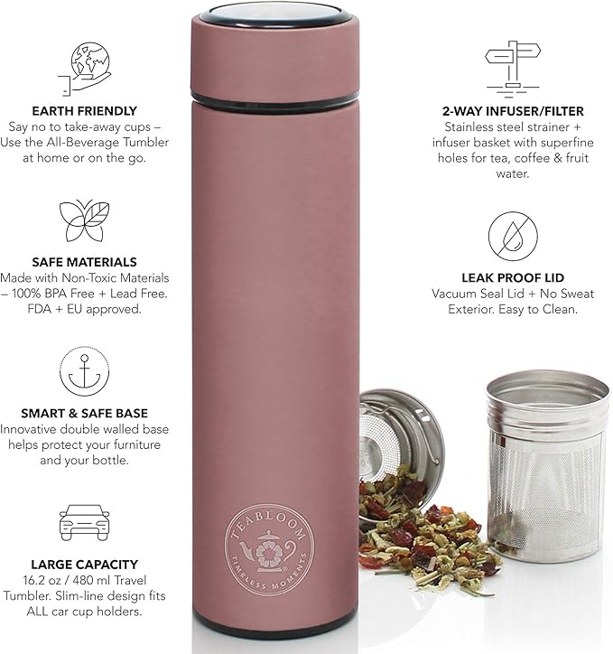Teabloom - The ORIGINAL All-Brew Travel Tumbler & Thermos | OPRAH’s Favorite | 16oz/480ml Stainless Steel Insulated Water Bottle/Tea Flask/Cold Brew Coffee Mug