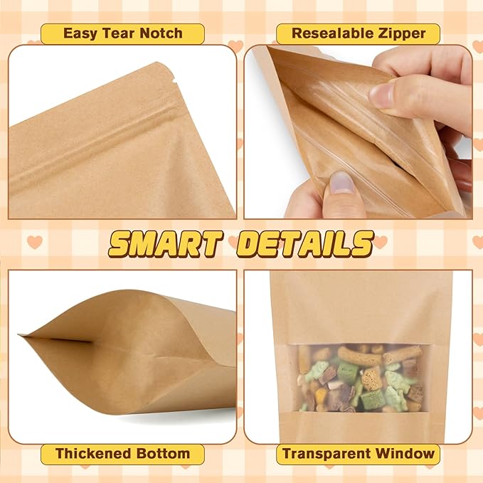 Jetmore-50pack-Smell-Proof-Bag, Reusable Zip Lock Bags with Window, Resealable Stand Up Packaging Bags, Brown Paper Pouches for Coffee, Tea, Herbs, Spice, Snack, Baked Goods, Goodie Bags