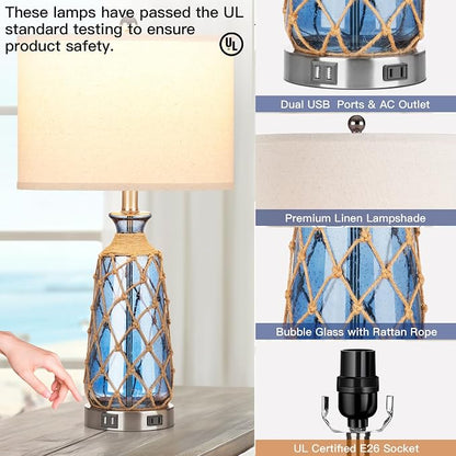 Ruzectt Coastal Glass Table Lamps, 3-Way Dimmable Touch Control Bedside Lamps - Image 7
