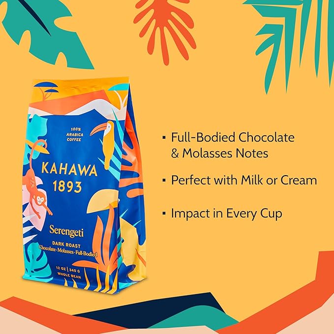 Kahawa 1893 Whole Bean Coffee Dark Roast Serengeti Blend 24 Oz - As Seen on Shark Tank, Low Acid, High Antioxidants, Naturally Sweet, Organically Grown, Ethically & Sustainably Sourced