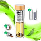 15oz Double Wall Glass Water Bottle with Bamboo Lid and Tea Infuser – Insulated, Leak-Proof, and Eco-Friendly Travel Tea Mug with Filter for Hot or Cold Beverages