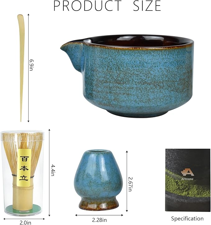 Artcome 4 Pcs Complete Matcha Tea Ceremony Kit for Japanese Tea Ceremony, Bowl with Pouring Spout, Whisk, Whisk Holder, Tea Scoop, Matcha Tea Set For Making Usucha, Koicha and Matcha Latte (Sapphire)