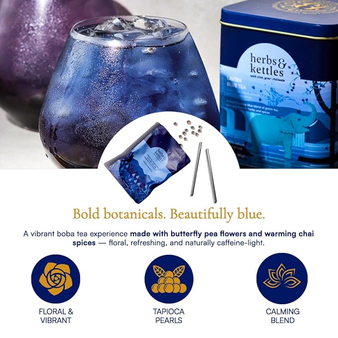 Herbs & Kettles Lavish Blue Tea Boba Kit | Butterfly Pea Flower Tea with Green Tea, Lemongrass, Ginger & Mint + Chewy Tapioca Pearls | DIY Color-Changing Bubble Tea Kit with Reusable Straws |