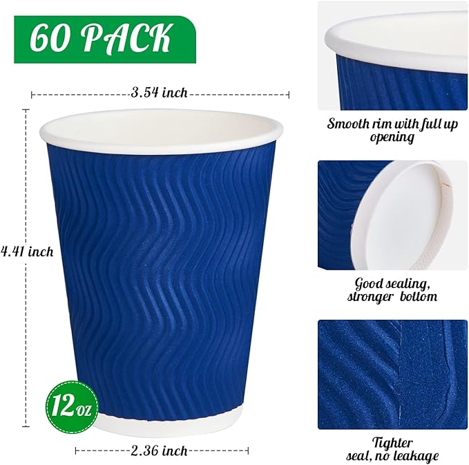 JollyPack 60 Pack 12 oz Paper Coffee Cups, Blue Disposable Beverage Cups with Insulated Ripple Wall for Coffee, Tea, and Hot Chocolate