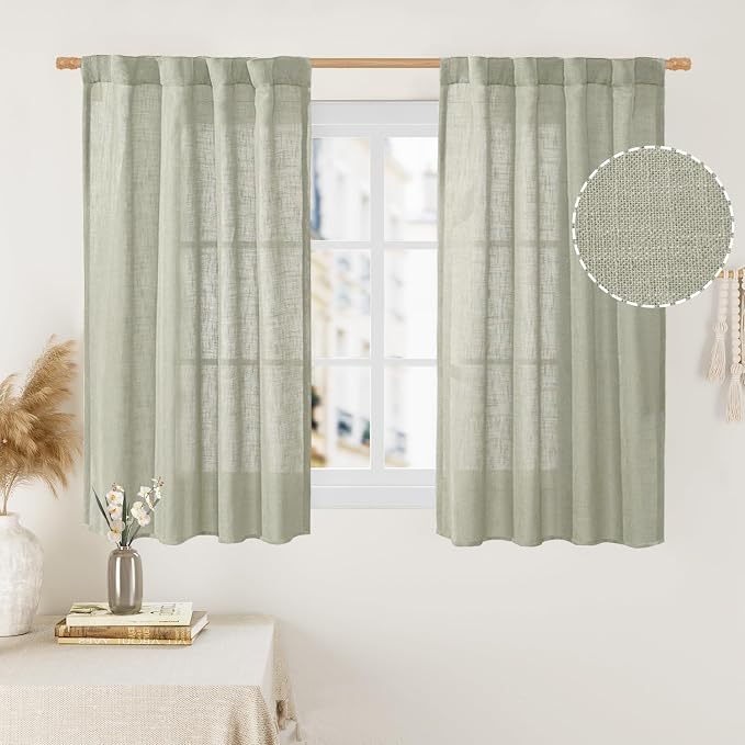 Sage Grey Linen Curtains 48 Inch Length 2 Panels by LAMIT