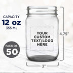DISCOUNT PROMOS Custom Decorating Mason Jars 12 oz. Set of 50, Personalized Bulk Pack - Glass Jars for Overnight Oats, Candies, Fruits, Pickles, Spices, Beverages - Black