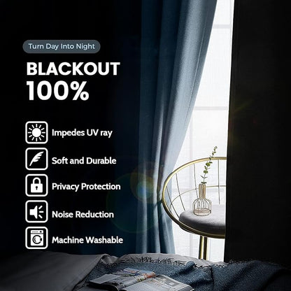 SimpleHome Stone Blue 100% Blackout Curtains Room Darkening Living Room 63L | - Image 3