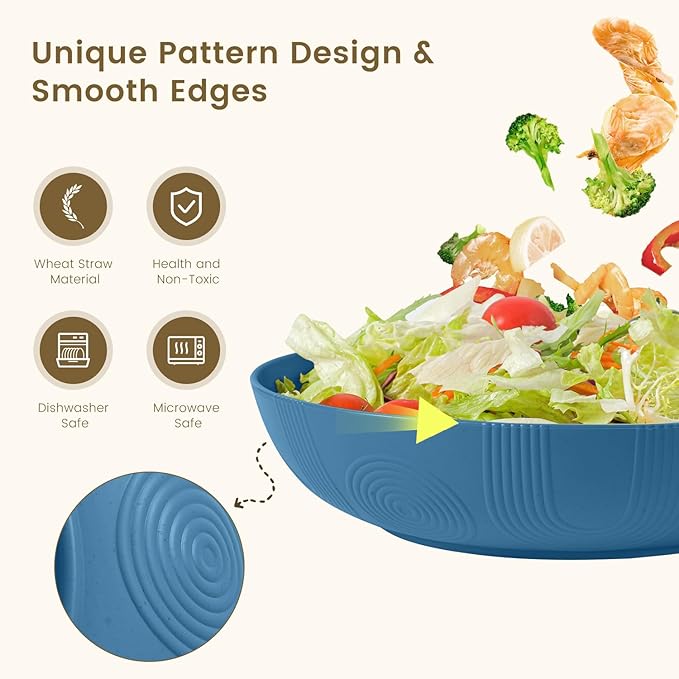 Homienly Wheat Straw Bowls, Salad Bowls, Serving Bowls for Kitchen, Camping, Picnic, Fruit, 60 OZ Large Capacity, Microwave and Dishwasher Safe, Set of 2 (Blue)