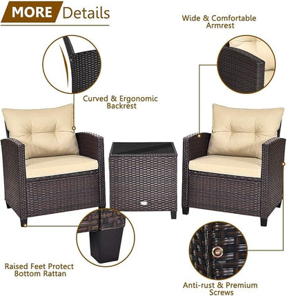 HAPPYGRILL 3 Pieces Patio Conversation Set, Outdoor Furniture Set PE Rattan - Image 6