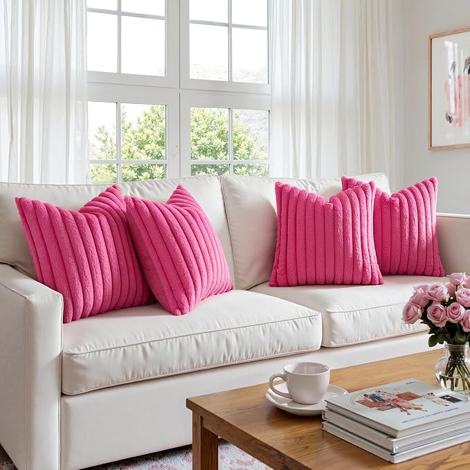 MIULEE Faux Fur Plush Decorative Throw Pillow Covers 20x20, Hot Pink | Set of 4 - Image 5