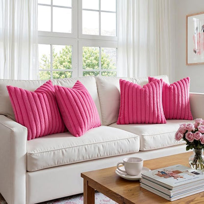 MIULEE Faux Fur Plush Decorative Throw Pillow Covers 18x18, Hot Pink | Set of 4 - Image 2