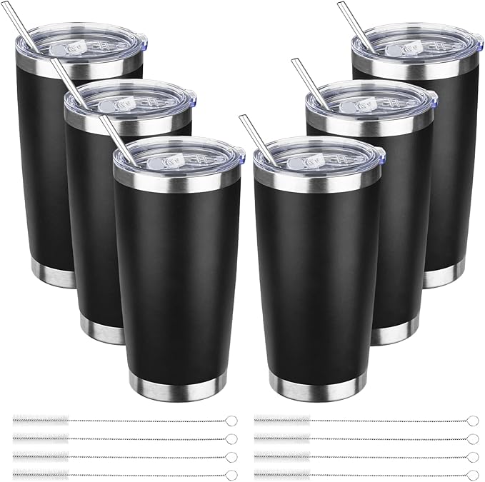 20oz Tumbler Bulk with Lid and Straw, Stainless Steel Double Wall Vacuum Insulated Travel Mug, Powder Coated Coffee Cups for Hot and Cold Drinks,Funny Gifts for Women Men(Black,6)