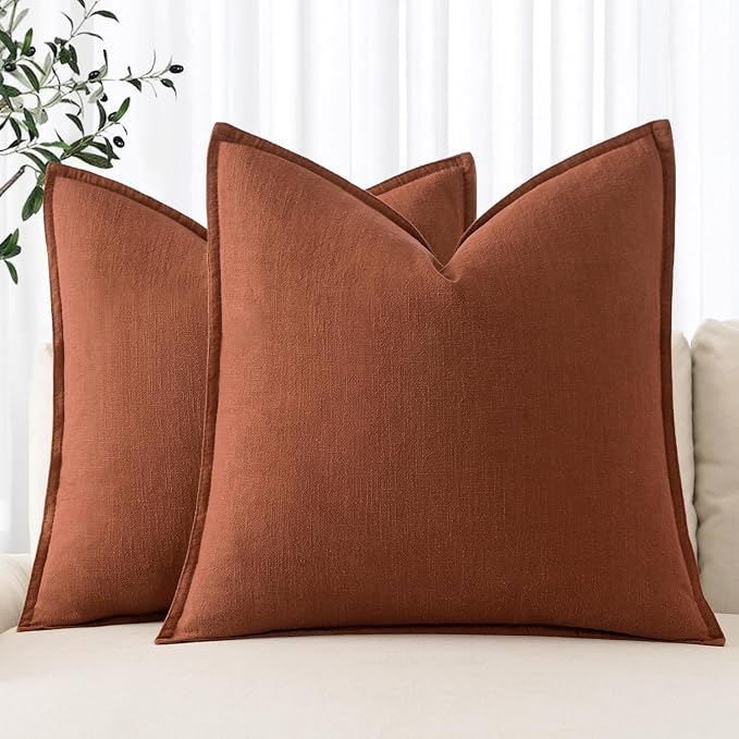 MIULEE Decorative Linen Euro Sham Pillow Covers 24x24 Rust | Boho Farmhouse​ by MIULEE