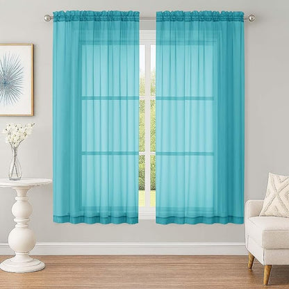 Sheer Turquoise Curtains, Sheer Curtains 63 inch Length 2 Panels Set, Rod by OWENIE
