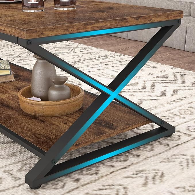 HSH Rustic Coffee Table with Storage Shelf, Industrial Metal Wood Living Room - Image 6