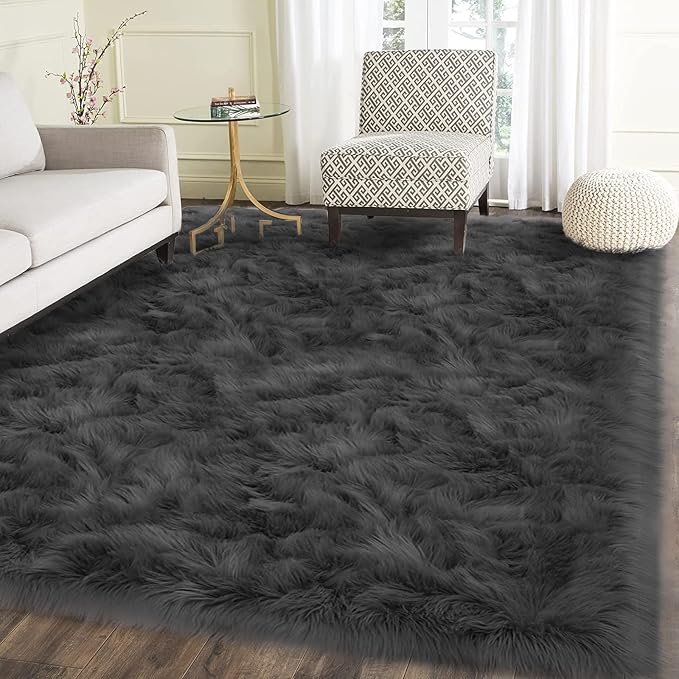 Latepis Dark Grey Rugs 6x8 Area Living Room Faux Sheepskin Fur Rug by Latepis