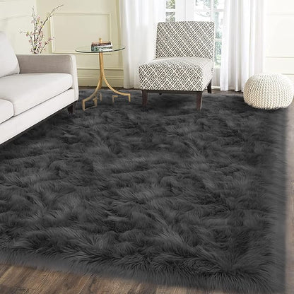 Latepis Living Room Rugs 6x9 Faux Sheepskin Fur Dark Grey Rug - Image 2