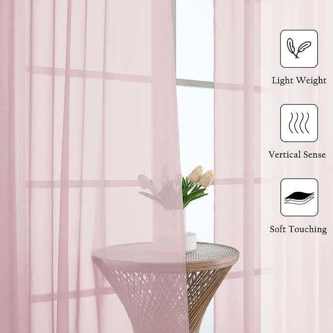 Blush Pink Sheer Curtains for Bedroom 90 Inches Long 2 Pcs, Rod Pockets Window - Image 2