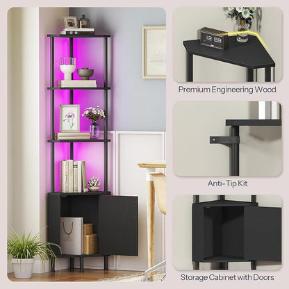 HOOBRO Corner Cabinet with LED Light, Corner Shelf Stand with Storage and Doors - Image 7