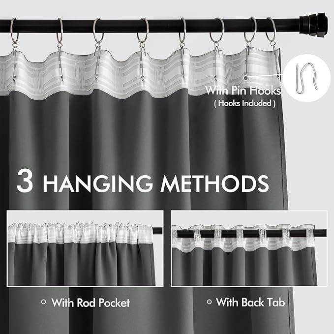 MIULEE Grey Back Tab Blackout Curtains 52x72 Inches Long 2 Panels Set | Rod - Image 3