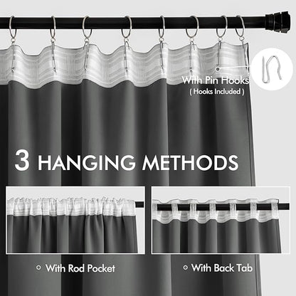 MIULEE Grey Back Tab Blackout Curtains 52x72 Inches Long 2 Panels Set | Rod - Image 3