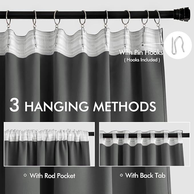 MIULEE Grey Back Tab Blackout Curtains 52x108 Inch Long 2 Panels Set | Rod - Image 3