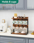 IBUYKE Rustic Coffee Mug Holder Stand, 2 Tier Countertop Mug Tree Holder Rack with Storage Base, Vintage Mug Holders for Kitchen, Holds 8 Mugs, Rustic Brown UTBJ002H