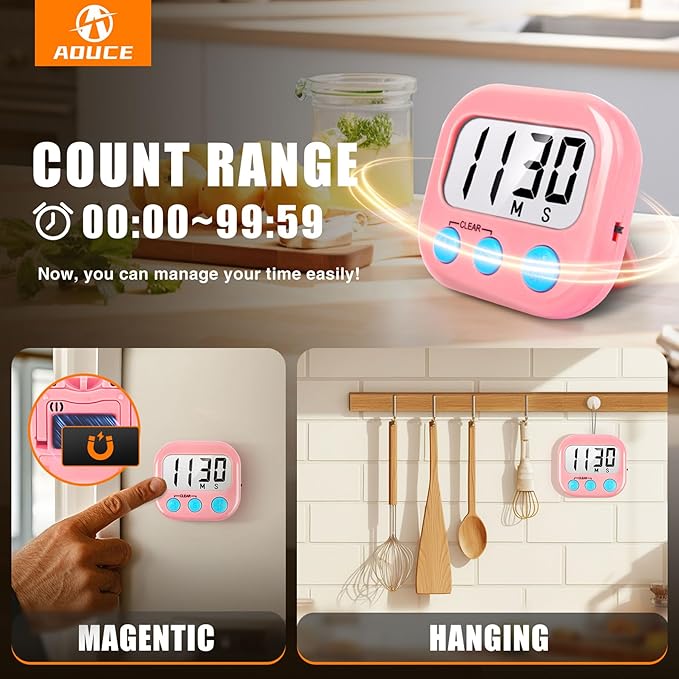 2 Pack Kitchen Timers Loud Ring Digital Timers for Cooking Magnetic Pink