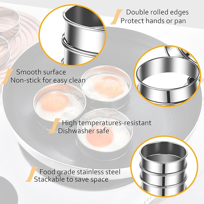 16packs English Muffin Rings Crumpet Rings 4 Inch Stainless Steel Double Rolled Tart Ring Nonstick Metal Round 4'' Ring Molds for Baking Cookies, Pancakesg
