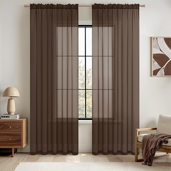 MIULEE Chocolate Brown Sheer Curtains 54 X 84 Inches, 2 Panels | Voile Drapes by MIULEE