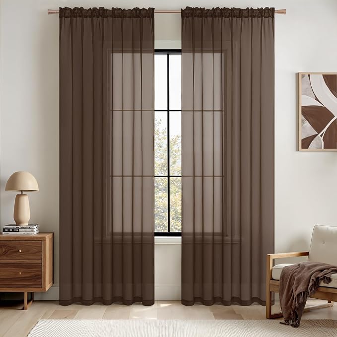 MIULEE Chocolate Brown Sheer Curtains 54 X 90 Inches, 2 Panels | Voile Drapes by MIULEE
