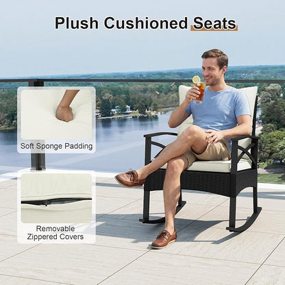 Tangkula 3 Pieces Outdoor Rocking Chairs Set, Rattan Heavy Duty Cushioned - Image 5