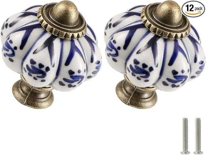Ivory & Deep Blue Pumpkin Knobs 12 Pack Ceramic Cabinet Knobs Vintage Drawer by Zernmiarder