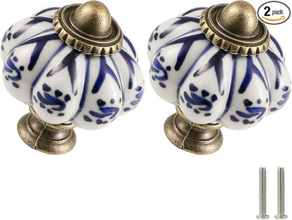 Ivory & Deep Blue Pumpkin Knobs 2 Pack Ceramic Cabinet Knobs Vintage Drawer by Zernmiarder