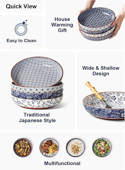 LE TAUCI Pasta Bowl 32 oz, Salad Bowl Serving Plate Bowls, Housewarming Wedding Present, Japanese-Style Ceramic Bowls for Pasta, Fruits, Salad, Noodle, Dinner - 8.2 Inch, Set of 4, Vintage Blue