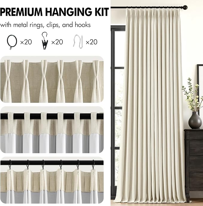 MIULEE Cream Pinch Pleated 100% Blackout Linen Curtains 40x96 Inches | Room - Image 8