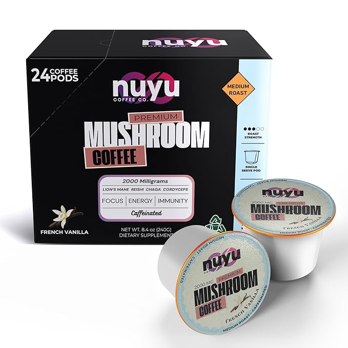 Nuyu Mushroom Coffee Pods, K-Cups, 100% Medium Roast Arabica Coffee with Lion's Mane, Reishi, Chaga, Cordyceps, 2000mg per Pod (24, French Vanilla)