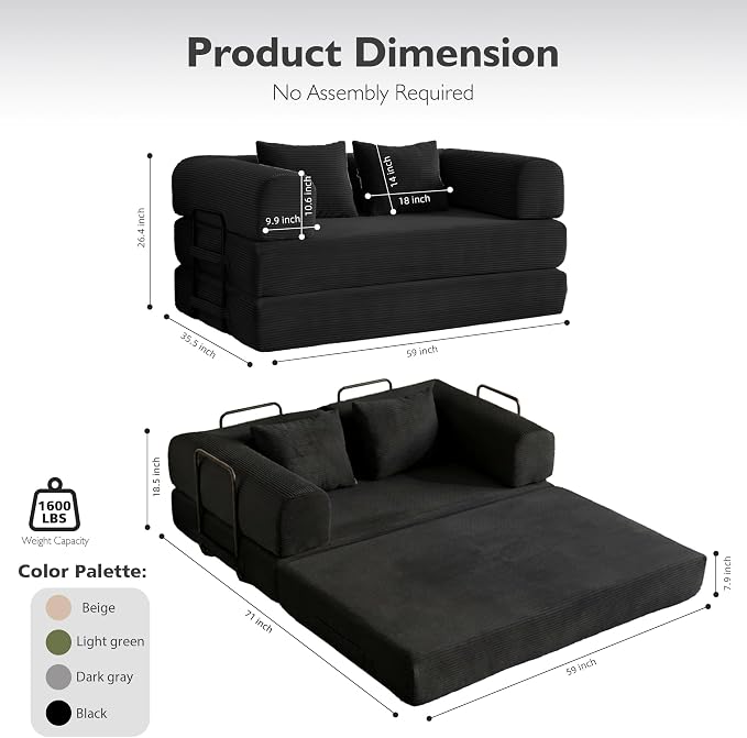 59in Convertible Sofa Bed, Corduroy Boneless Couch Bed, Futon Sleeper Sofa Pull - Image 2