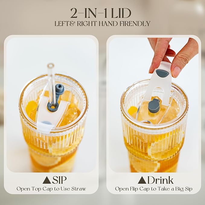KEMORELA 6-Pack Ribbed Glass Tumblers with Lids & Straws – Vintage Style Iced Coffee Cups, Durable Smoothie & Cocktail Drinking Glasses, Reusable Clear Glassware for Home, Cafe, Office (6)