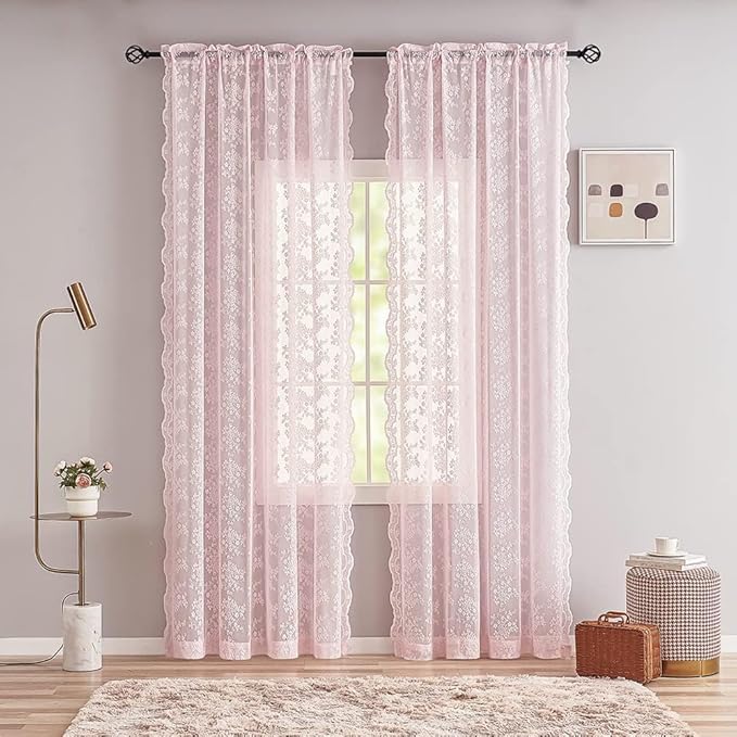 YJ YANJUN Vintage Lace Curtains Pink Boho Floral 80 Inch Curtains - Image 3