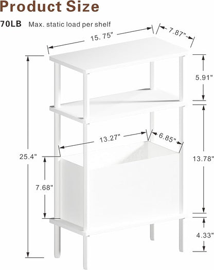 Narrow Side Table with Fabric Basket, Slim Nightstand with 3-Tier Storage Shelf - Image 3