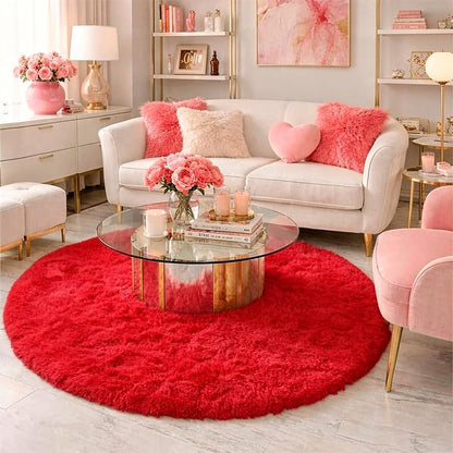 Amdrebio Red Fluffy Plush Large Round Area Rug 7Ft - Image 3