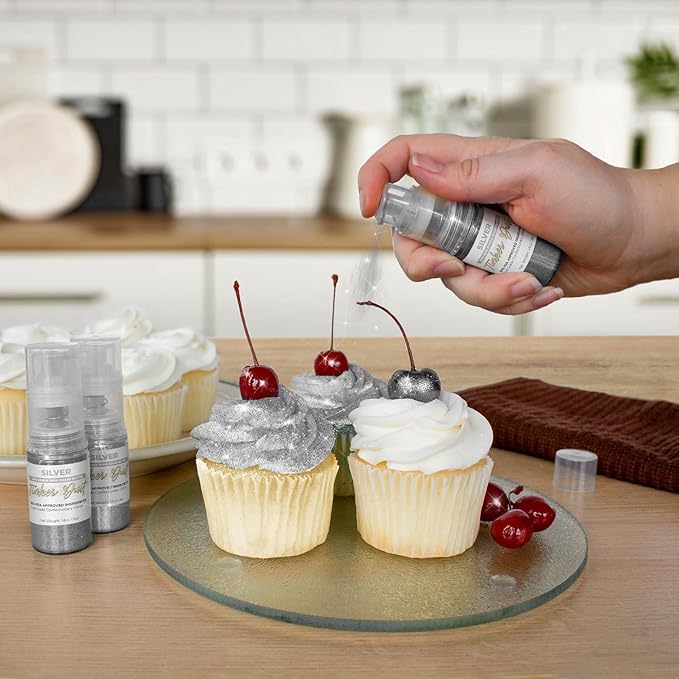 Bakell - Silver Tinker Dust (4g, 1x Mini Spray Pump) Edible Glitter for Food, Desserts, and Beverages!