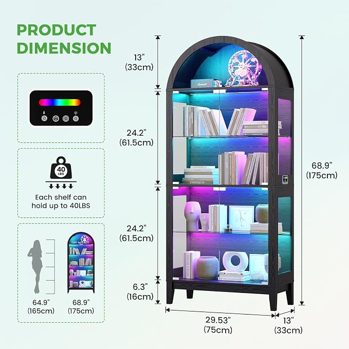 HNEBC 69" Display Case with RGB Lights, Arched 5-Tier Tempered Glass Display - Image 2