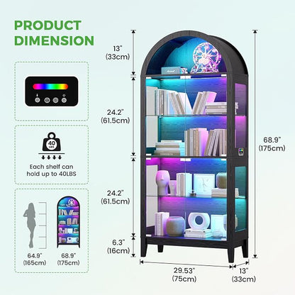 HNEBC 69" Display Case with RGB Lights, Arched 5-Tier Tempered Glass Display - Image 2