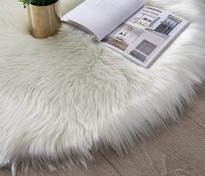 SERISSA 3x3 Fluffy White Round Faux Fur Area Rug - Image 4
